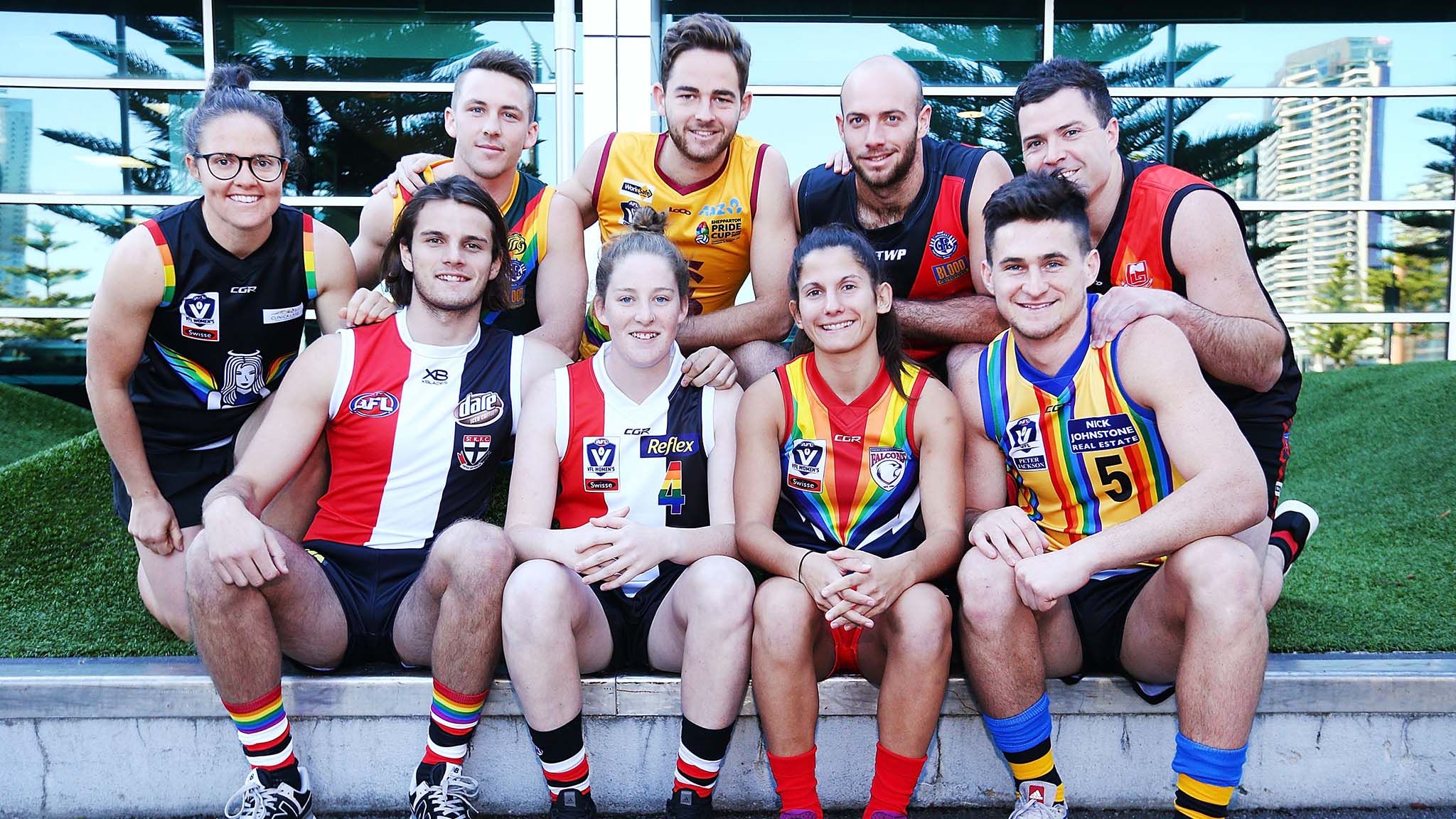 We Are Pride Cup Launch Emma Kearney (back left) during a We Are Pride Cup launch at AFL House. Picture: Getty Images - AFLW,North Melbourne Kangaroos,Emma Kearney